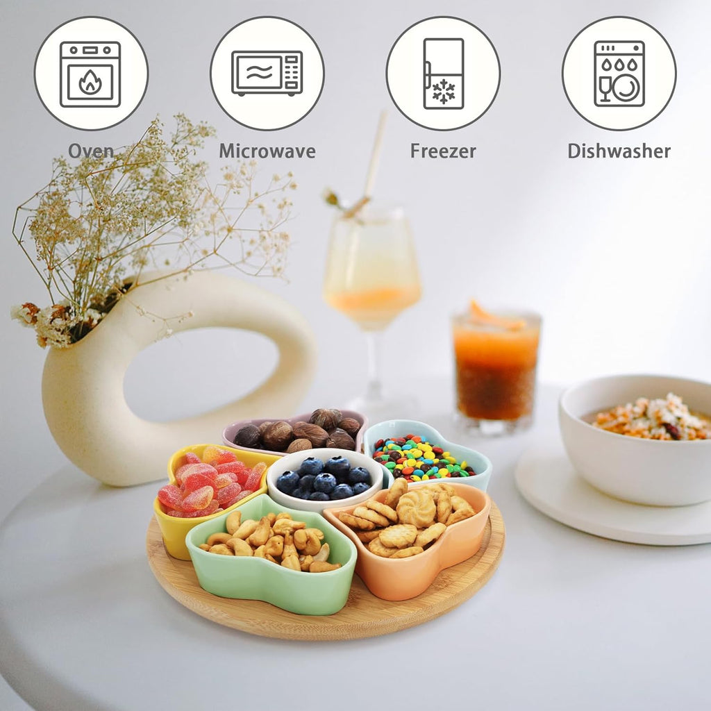 11'' Lazy Susan Serving Tray, Ceramic 360° Rotating Serving Tray Platters, Removable Divided Appetizer Relish Dish, Heart Shape Snack Bowl Set for Party Kitchen Fruit Veggies Cheese, 7 Pieces