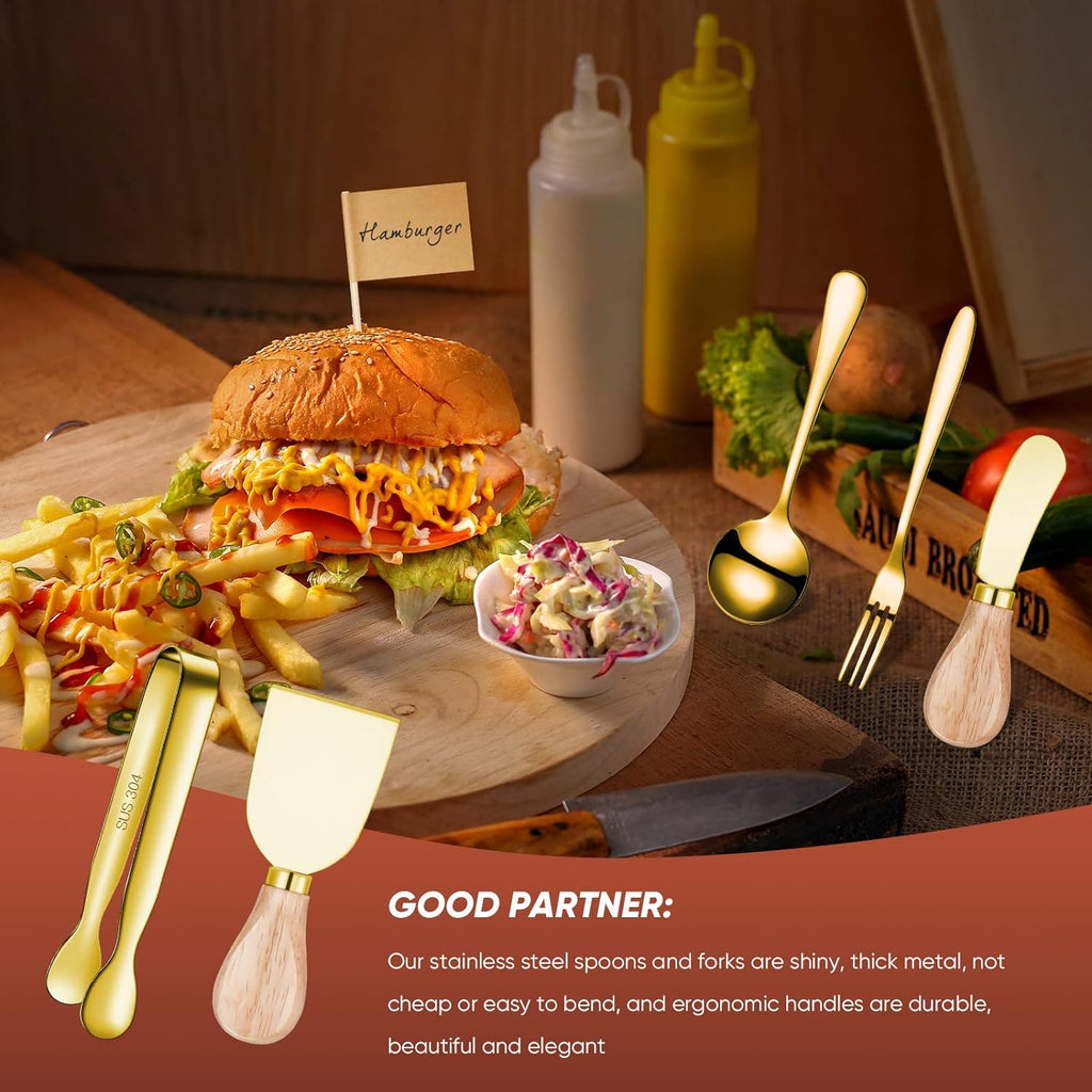 Charcuterie Board Accessories Spreader Knife Set Cheese Butter Spreader Knife Charcuterie Utensils with Wooden Handles Mini Serving Tongs Spoons Forks for Party Wedding Christmas (Gold, 20 Pieces)