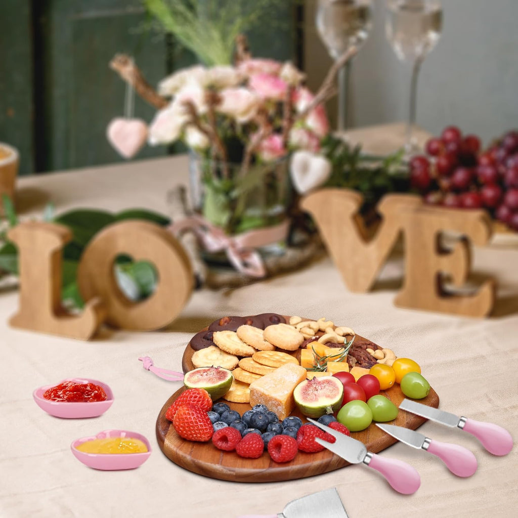 7Pcs Cheese Board Set, Charcuterie Boards Set with Knives & Ceramic Bowls, Heart-Shape Serving Board Set, Chinaberry Wood for Birthdays, Weddings, Housewarming(Pink)