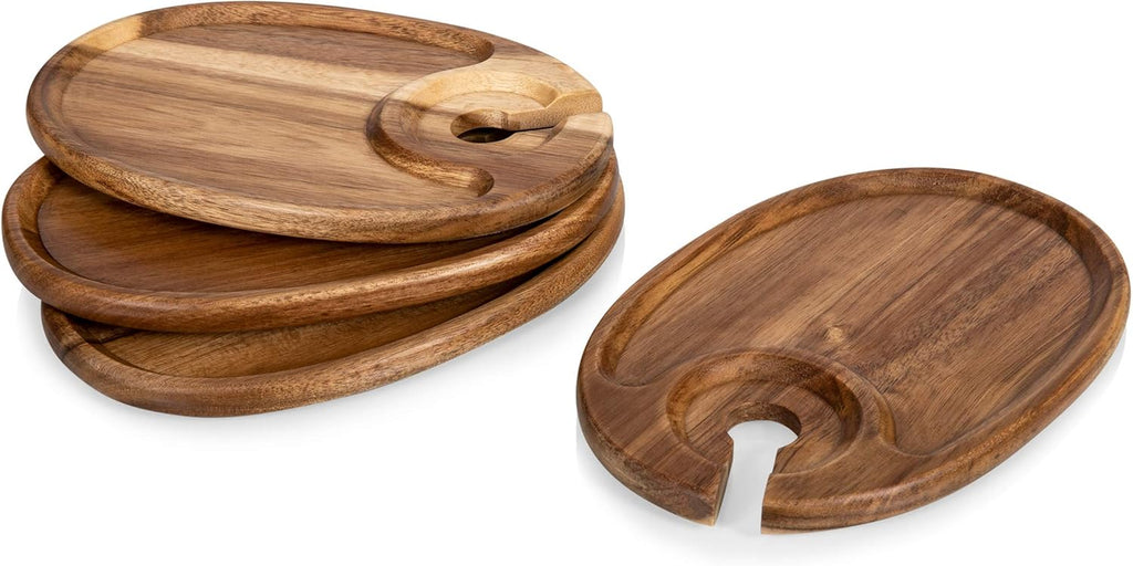 TOSCANA -Wine Appetizer Plates, Cocktail Plate with Glass Holder, Cheese Board with Wine Holder, (Acacia Wood), 9 X 6, Set of 4