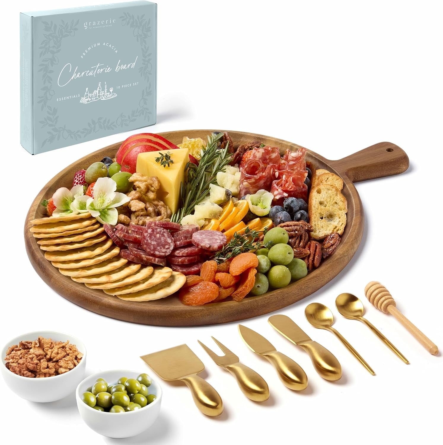 Charcuterie Board Set - round Acacia Cheese Board Serving Tray with Accessories - House Warming Gifts for New Home, Bridal Shower & Wedding Gift, Birthday Gifts for Women