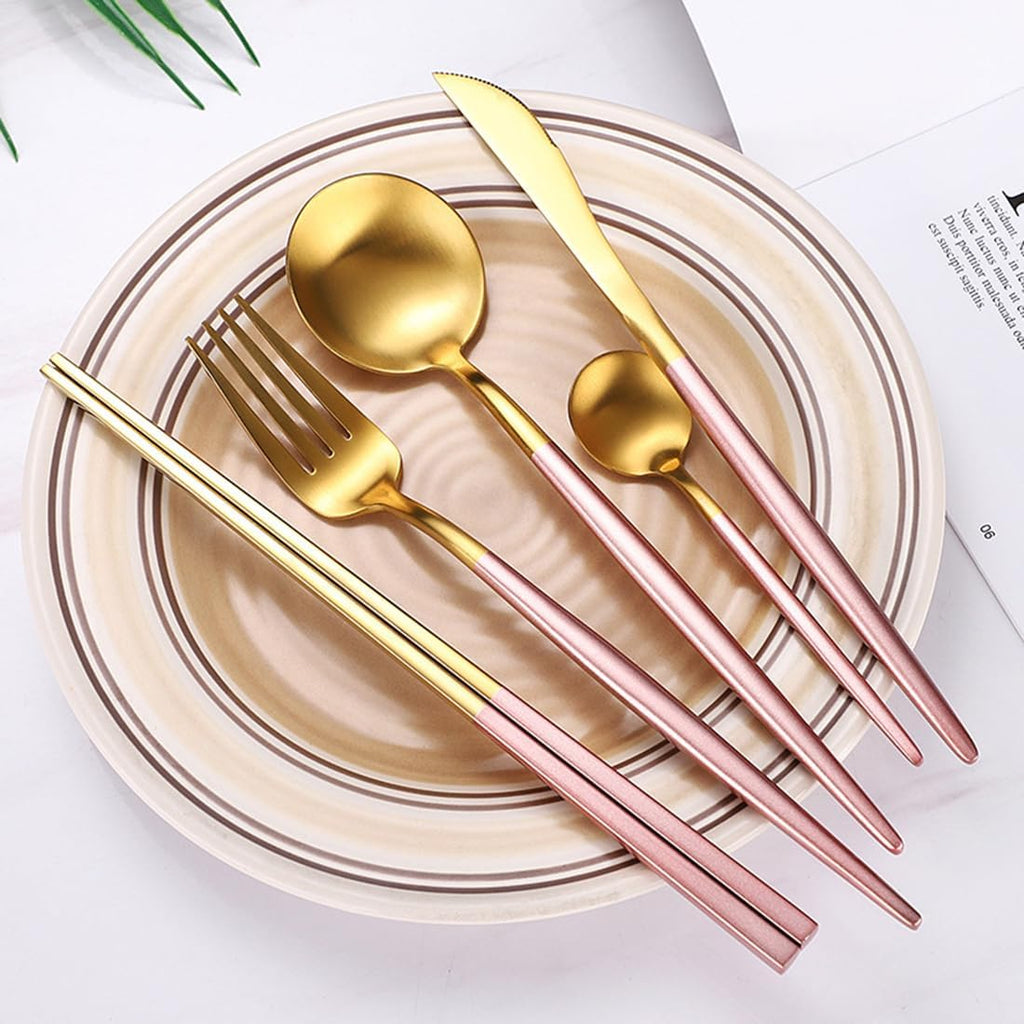 8 Pieces Stainless Steel Flatware Set Portable Reusable Cutlery Set Travel Utensils Set Including Chopsticks Knife Fork Spoon Straws Cleaning Brush Dishwasher Safe (Pink Golden)