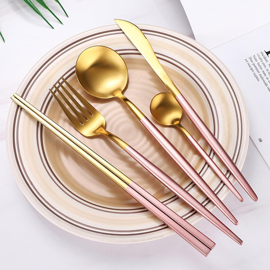 8 Pieces Stainless Steel Flatware Set Portable Reusable Cutlery Set Travel Utensils Set Including Chopsticks Knife Fork Spoon Straws Cleaning Brush Dishwasher Safe (Pink Golden)