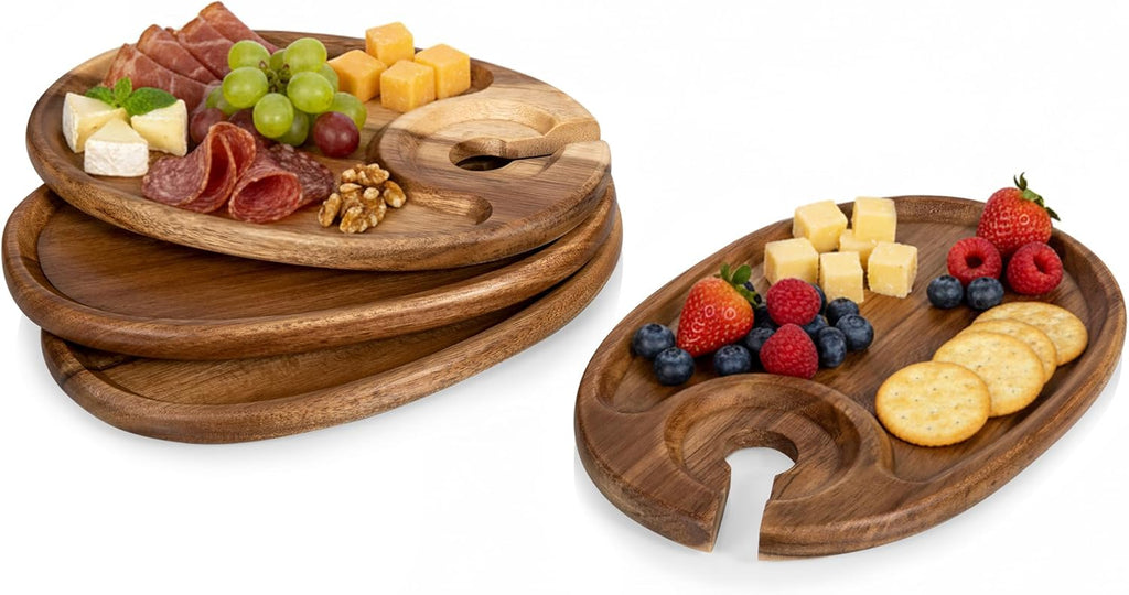TOSCANA -Wine Appetizer Plates, Cocktail Plate with Glass Holder, Cheese Board with Wine Holder, (Acacia Wood), 9 X 6, Set of 4