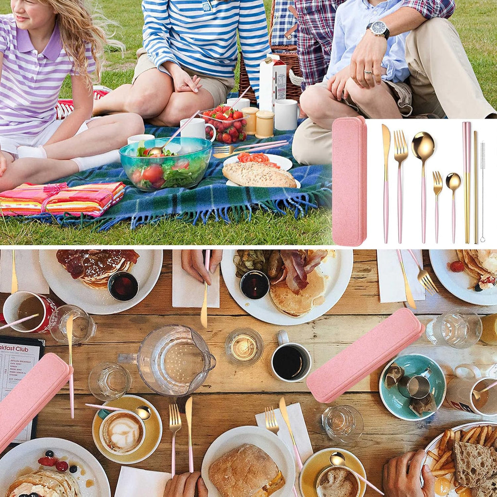 8 Pieces Stainless Steel Flatware Set Portable Reusable Cutlery Set Travel Utensils Set Including Chopsticks Knife Fork Spoon Straws Cleaning Brush Dishwasher Safe (Pink Golden)
