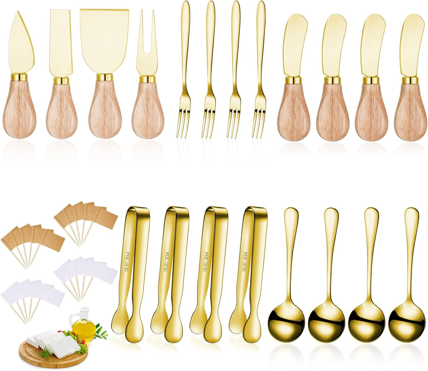 Charcuterie Board Accessories Spreader Knife Set Cheese Butter Spreader Knife Charcuterie Utensils with Wooden Handles Mini Serving Tongs Spoons Forks for Party Wedding Christmas (Gold, 20 Pieces)