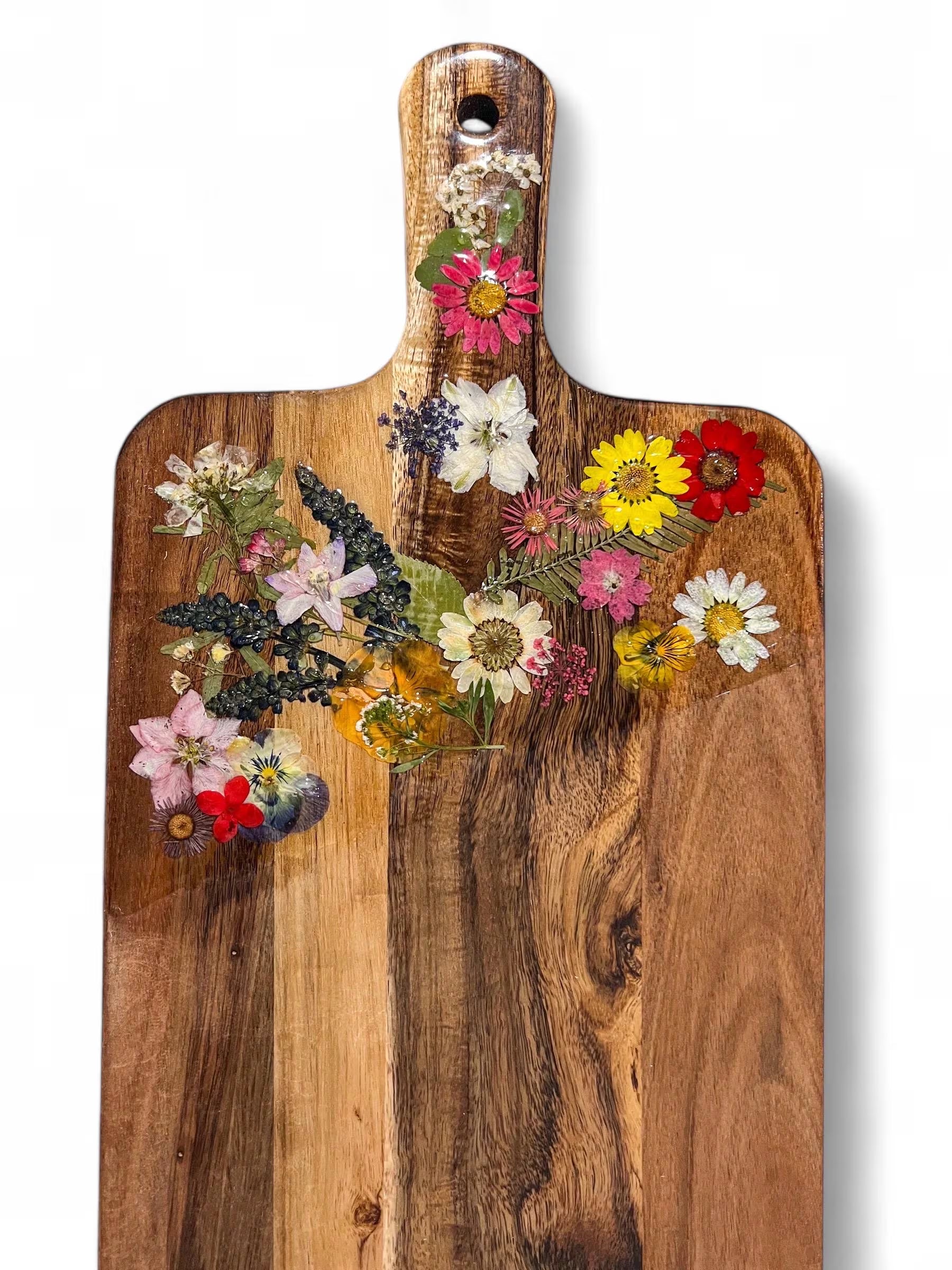Pressed Flowers Charcuterie Cutting Board with Free Board Butter | Party Cheeseboard with Dried Flowers, Botanical Floral Kitchen Decor Gift