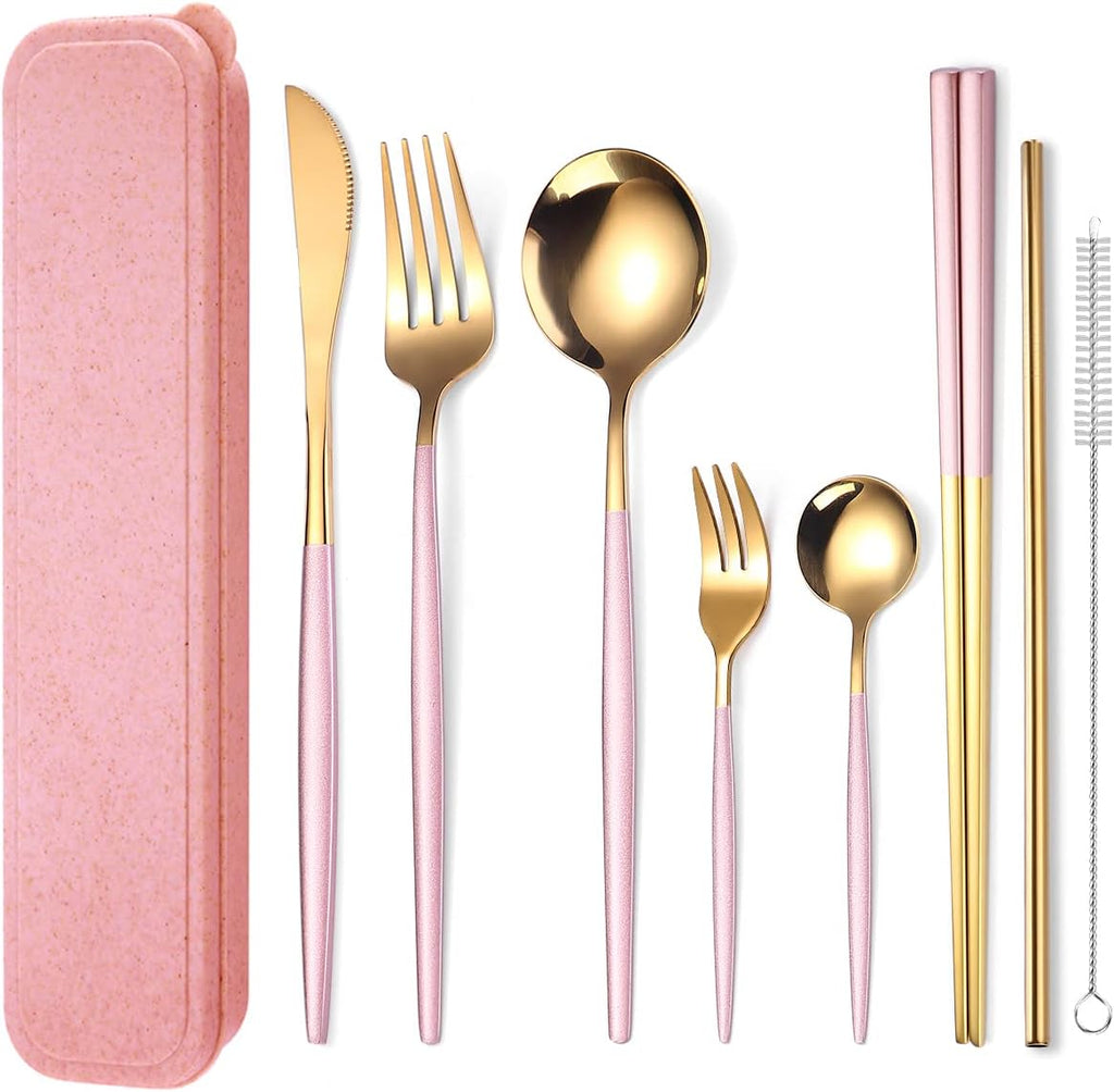 8 Pieces Stainless Steel Flatware Set Portable Reusable Cutlery Set Travel Utensils Set Including Chopsticks Knife Fork Spoon Straws Cleaning Brush Dishwasher Safe (Pink Golden)