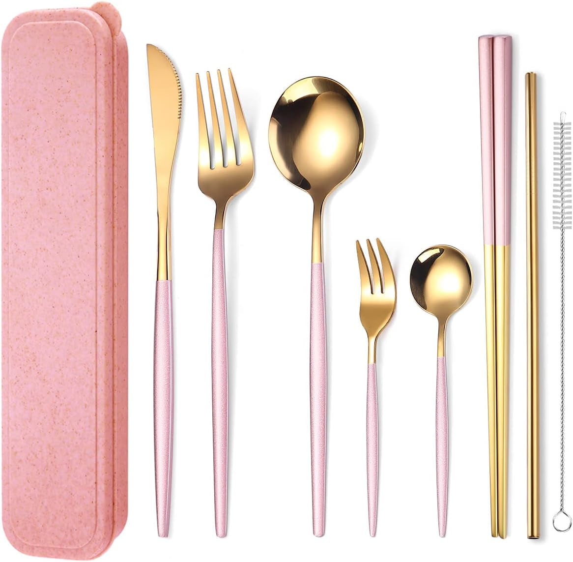 8 Pieces Stainless Steel Flatware Set Portable Reusable Cutlery Set Travel Utensils Set Including Chopsticks Knife Fork Spoon Straws Cleaning Brush Dishwasher Safe (Pink Golden)