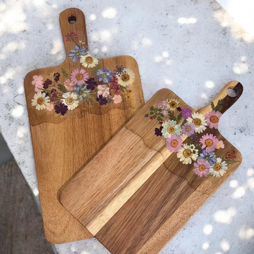 Pressed Flowers Charcuterie Cutting Board with Free Board Butter | Party Cheeseboard with Dried Flowers, Botanical Floral Kitchen Decor Gift