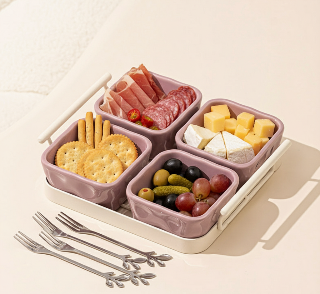 Light Luxury Divided Ceramic Plate with snack fork