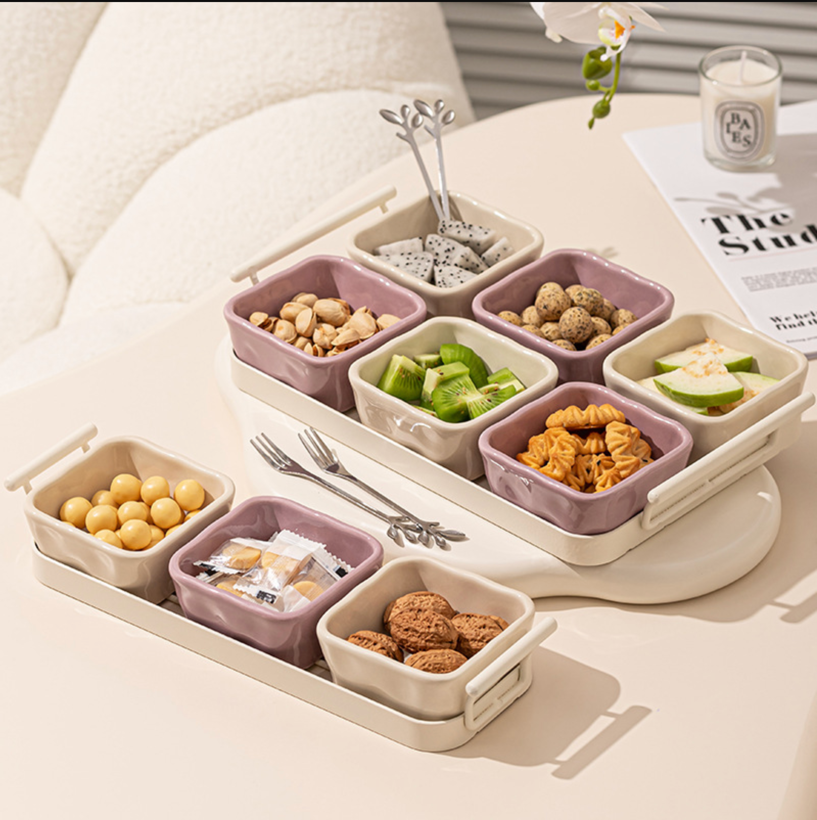 Light Luxury Divided Ceramic Plate with snack fork