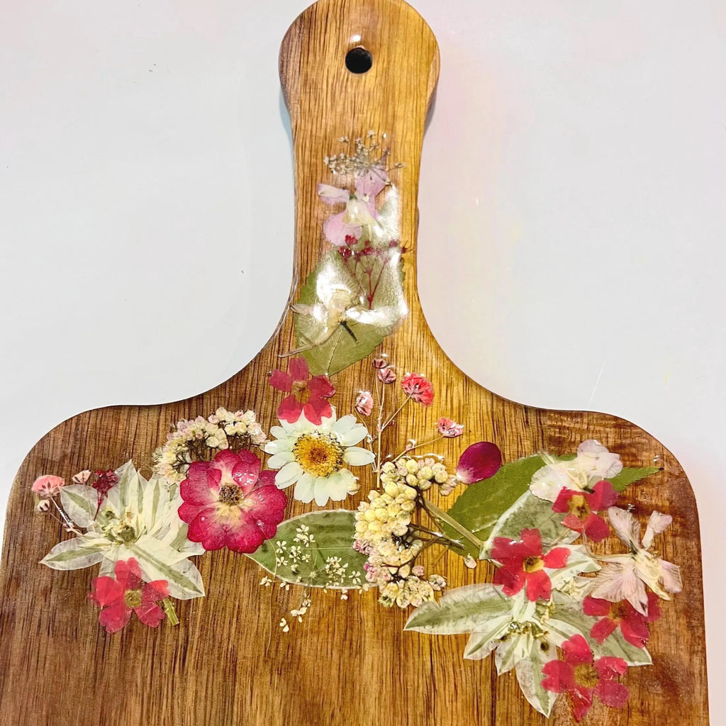 Pressed Flowers Charcuterie Cutting Board with Free Board Butter | Party Cheeseboard with Dried Flowers, Botanical Floral Kitchen Decor Gift