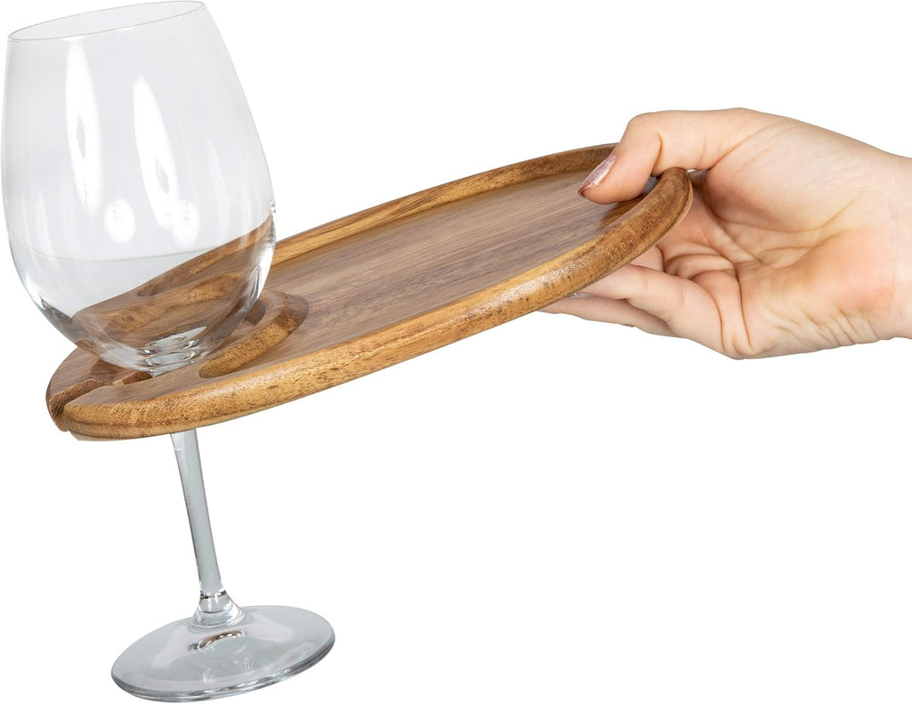TOSCANA -Wine Appetizer Plates, Cocktail Plate with Glass Holder, Cheese Board with Wine Holder, (Acacia Wood), 9 X 6, Set of 4