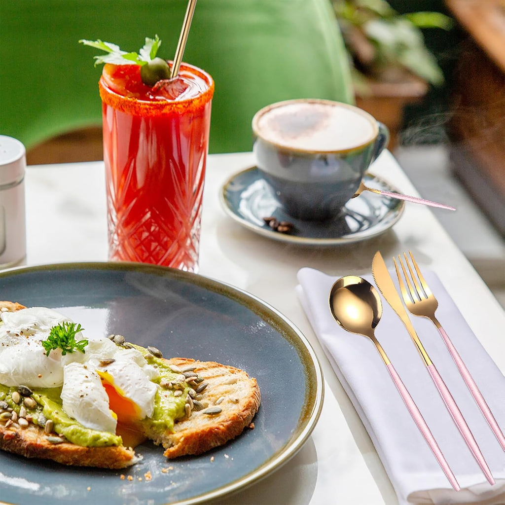 8 Pieces Stainless Steel Flatware Set Portable Reusable Cutlery Set Travel Utensils Set Including Chopsticks Knife Fork Spoon Straws Cleaning Brush Dishwasher Safe (Pink Golden)