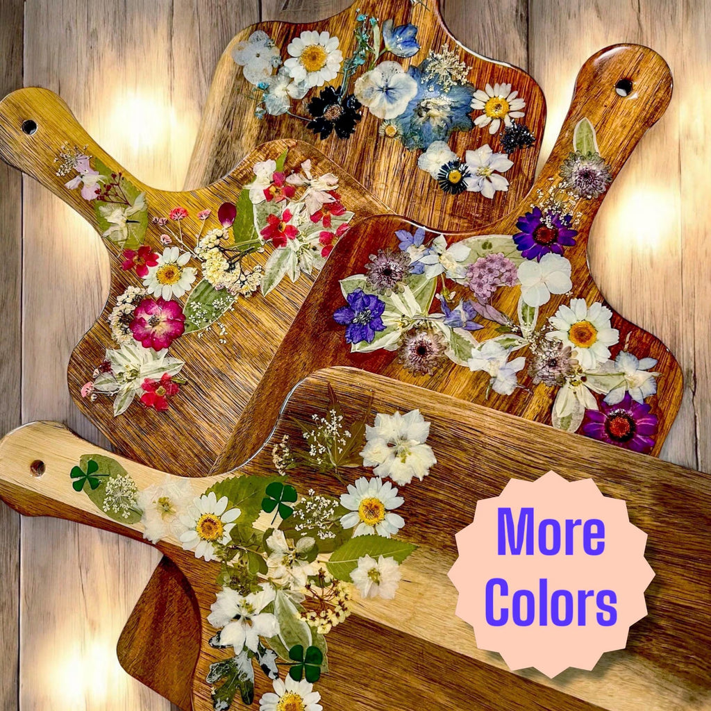 Pressed Flowers Charcuterie Cutting Board with Free Board Butter | Party Cheeseboard with Dried Flowers, Botanical Floral Kitchen Decor Gift