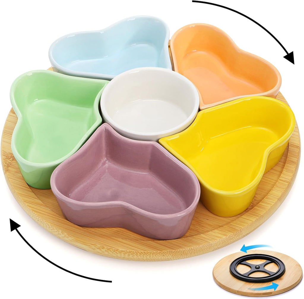 11'' Lazy Susan Serving Tray, Ceramic 360° Rotating Serving Tray Platters, Removable Divided Appetizer Relish Dish, Heart Shape Snack Bowl Set for Party Kitchen Fruit Veggies Cheese, 7 Pieces