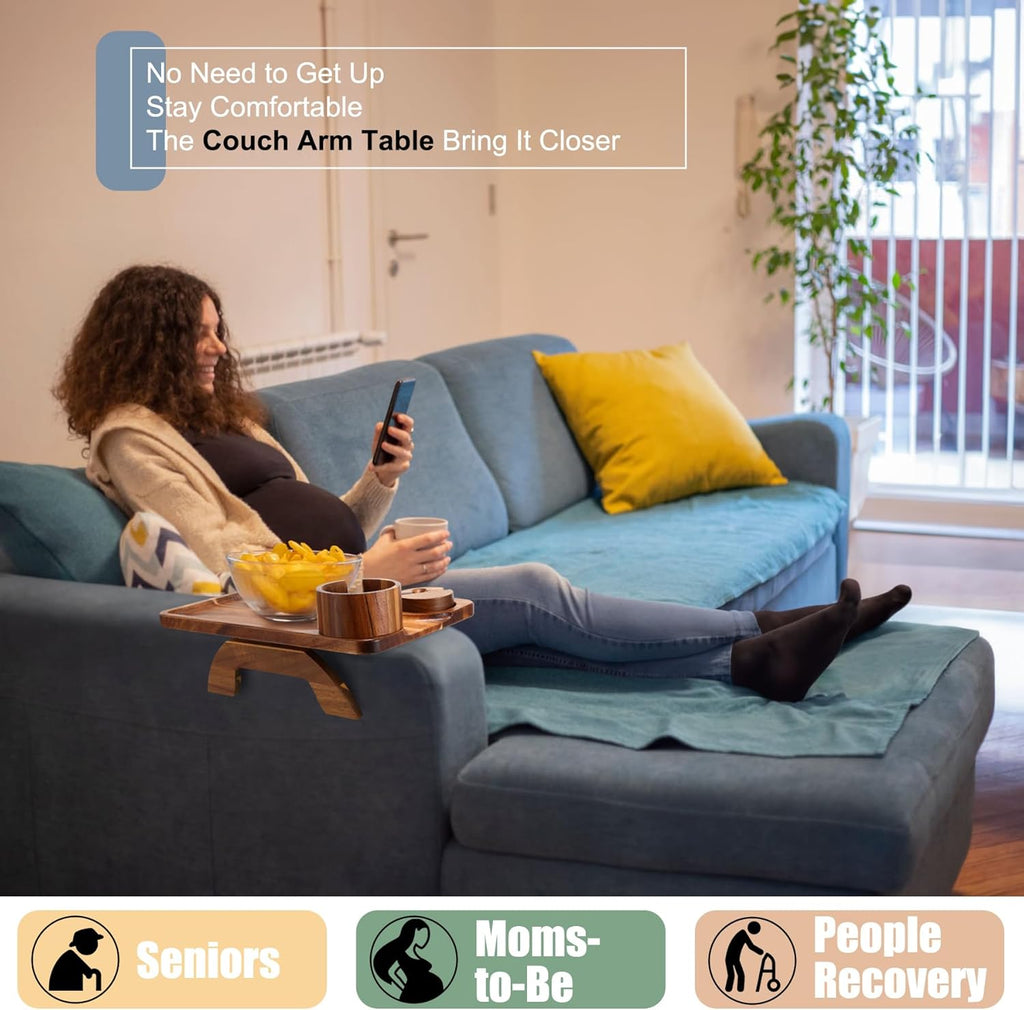 Couch Arm Table with Cheese Board, 4 in 1 Large 15.7"X9.85" Acacia Wood Sofa Arm Clip on Tray with 360 Rotated 2 Cup Holder & Phone Holder & Knife Fork on Armrest