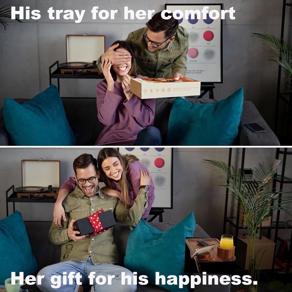 Couch Arm Table with Cheese Board, 4 in 1 Large 15.7"X9.85" Acacia Wood Sofa Arm Clip on Tray with 360 Rotated 2 Cup Holder & Phone Holder & Knife Fork on Armrest