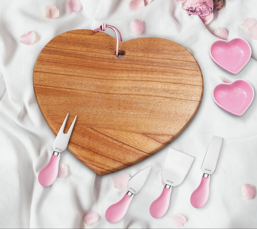 7Pcs Cheese Board Set, Charcuterie Boards Set with Knives & Ceramic Bowls, Heart-Shape Serving Board Set, Chinaberry Wood for Birthdays, Weddings, Housewarming(Pink)