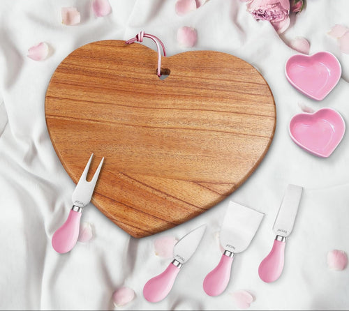 7Pcs Cheese Board Set, Charcuterie Boards Set with Knives & Ceramic Bowls, Heart-Shape Serving Board Set, Chinaberry Wood for Birthdays, Weddings, Housewarming(Pink)