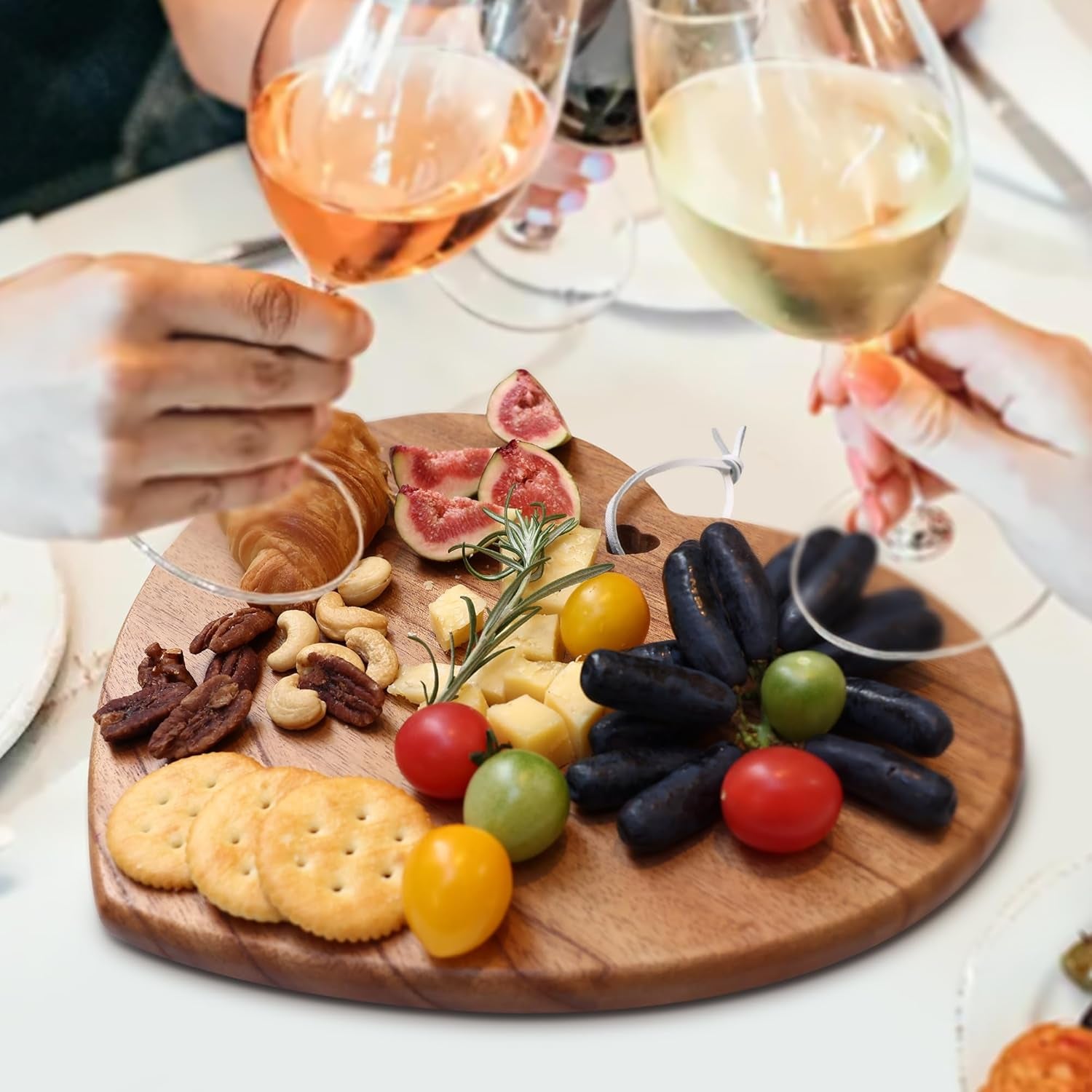 7Pcs Cheese Board Set, Charcuterie Boards Set with Knives & Ceramic Bowls, Heart-Shape Serving Board Set, Chinaberry Wood for Birthdays, Weddings, Housewarming(Pink)