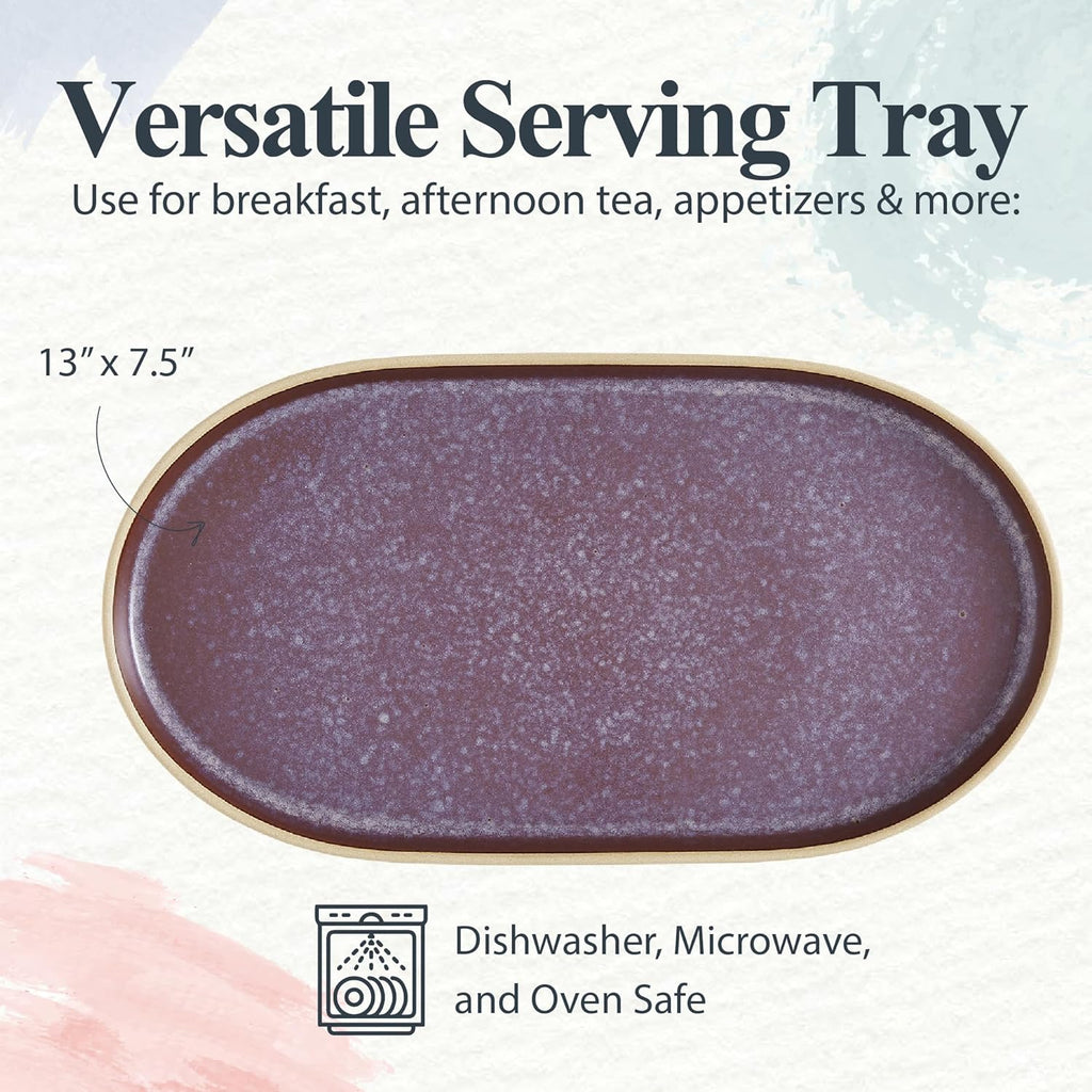Minerals Oval Serving Platter (13.7"X 7.5") - Stoneware Serving Dish with Reactive Glaze, Amethyst - Modern Ceramic Serveware for Dining, Entertaining, Gifting - Great for Charcuterie