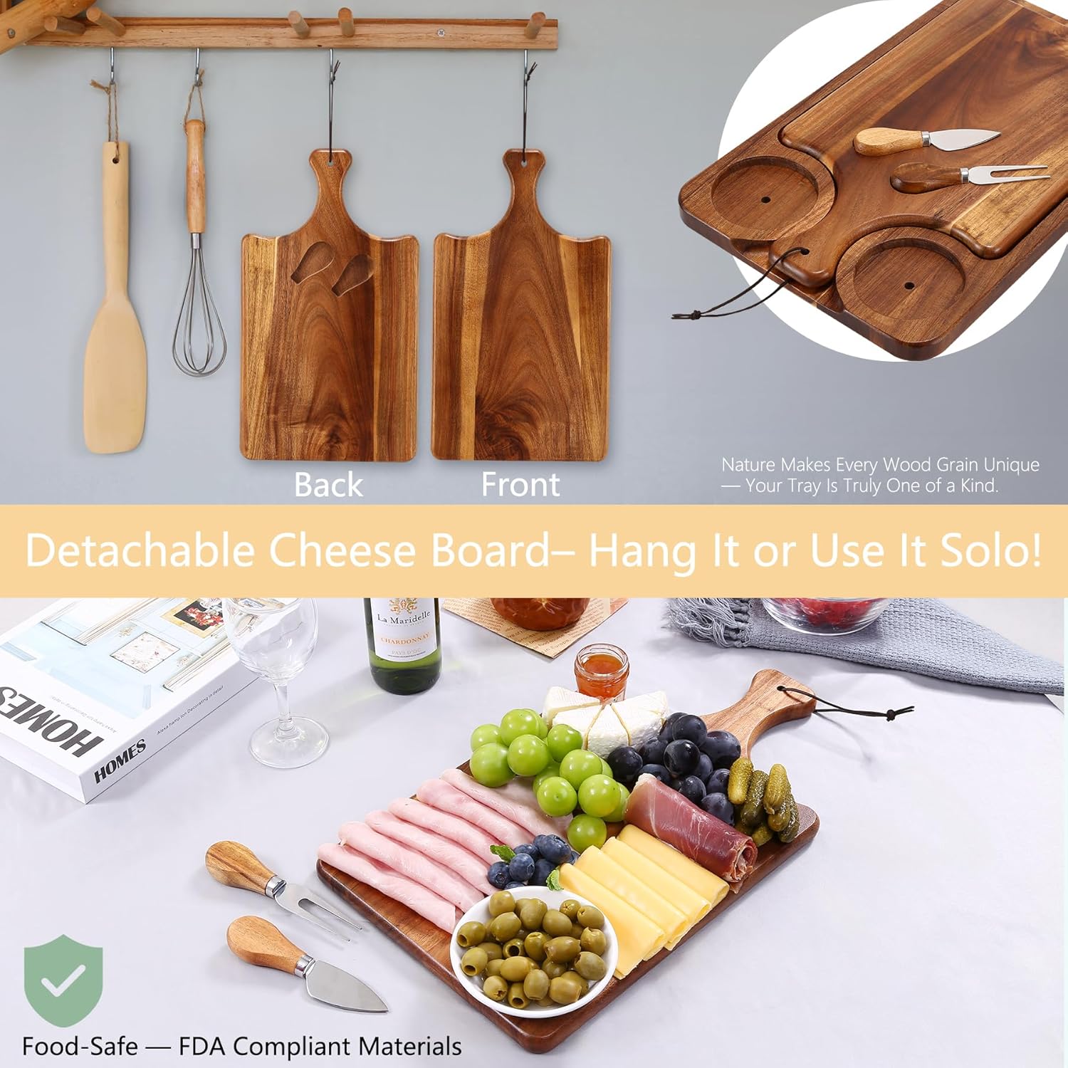 Couch Arm Table with Cheese Board, 4 in 1 Large 15.7"X9.85" Acacia Wood Sofa Arm Clip on Tray with 360 Rotated 2 Cup Holder & Phone Holder & Knife Fork on Armrest