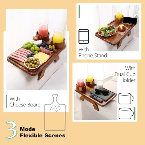 Couch Arm Table with Cheese Board, 4 in 1 Large 15.7"X9.85" Acacia Wood Sofa Arm Clip on Tray with 360 Rotated 2 Cup Holder & Phone Holder & Knife Fork on Armrest