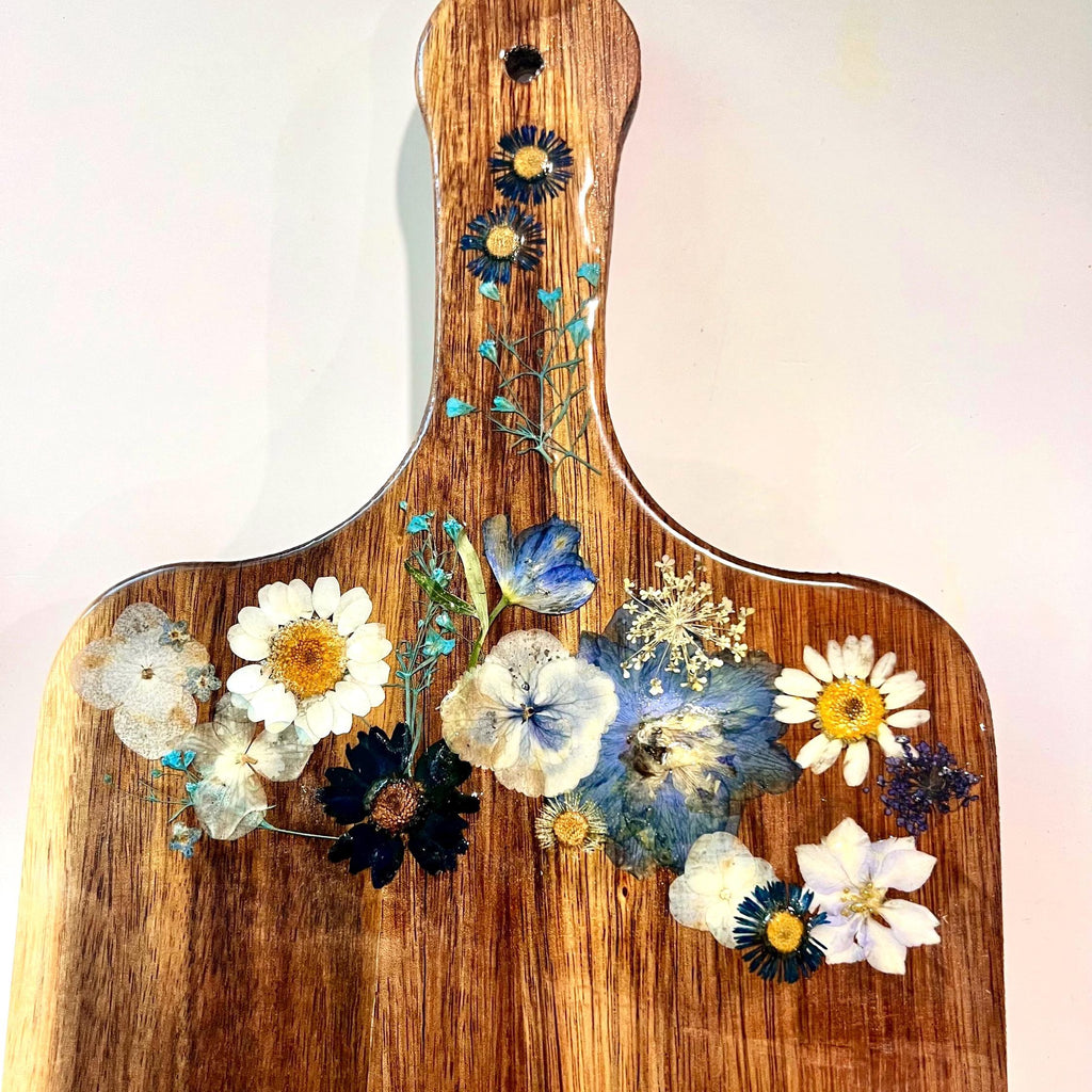 Pressed Flowers Charcuterie Cutting Board with Free Board Butter | Party Cheeseboard with Dried Flowers, Botanical Floral Kitchen Decor Gift