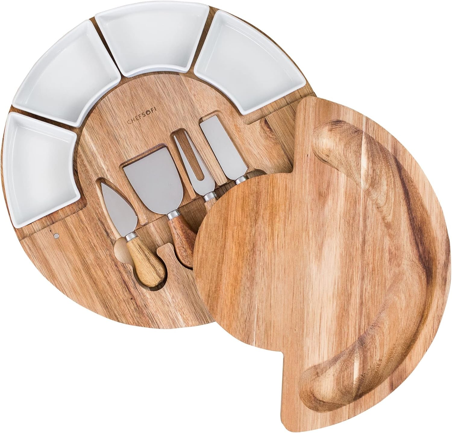 Charcuterie Board Set and Cheese Serving Platter - Made from Acacia Wood - US Patented 13 Inch Cheese Board and Knife Set for Entertaining and Serving - 4 Knives and 4 Bowls