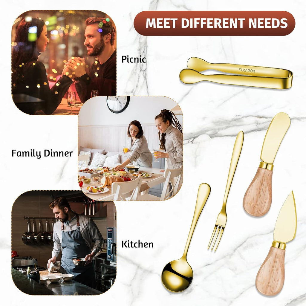 Charcuterie Board Accessories Spreader Knife Set Cheese Butter Spreader Knife Charcuterie Utensils with Wooden Handles Mini Serving Tongs Spoons Forks for Party Wedding Christmas (Gold, 20 Pieces)