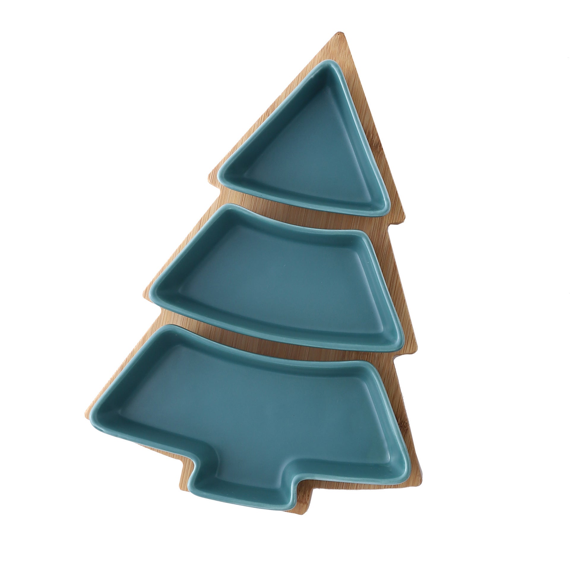 Creative Christmas Tree Ceramic Snack Plate With Bamboo Plate