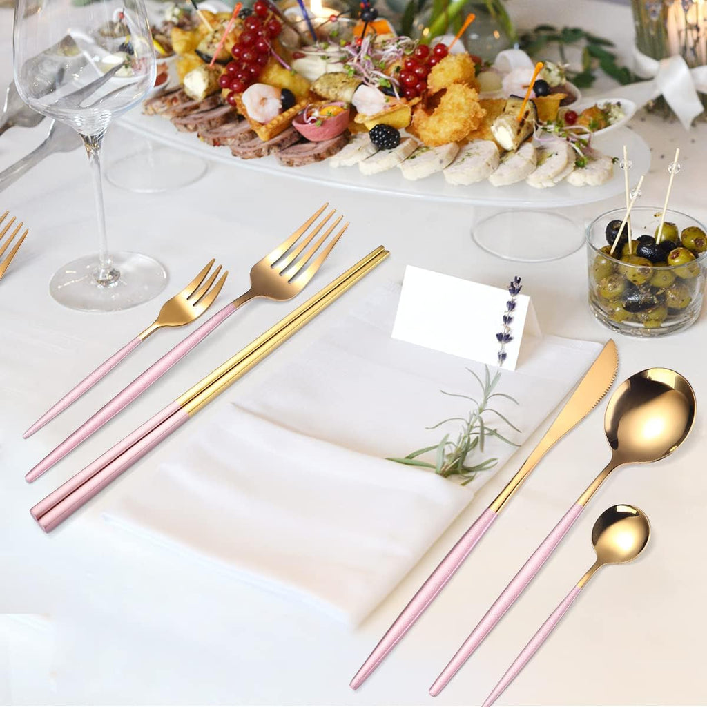 8 Pieces Stainless Steel Flatware Set Portable Reusable Cutlery Set Travel Utensils Set Including Chopsticks Knife Fork Spoon Straws Cleaning Brush Dishwasher Safe (Pink Golden)