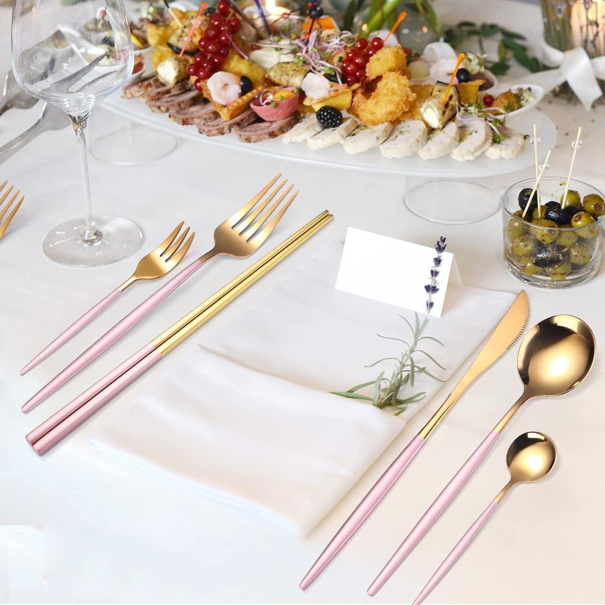 8 Pieces Stainless Steel Flatware Set Portable Reusable Cutlery Set Travel Utensils Set Including Chopsticks Knife Fork Spoon Straws Cleaning Brush Dishwasher Safe (Pink Golden)