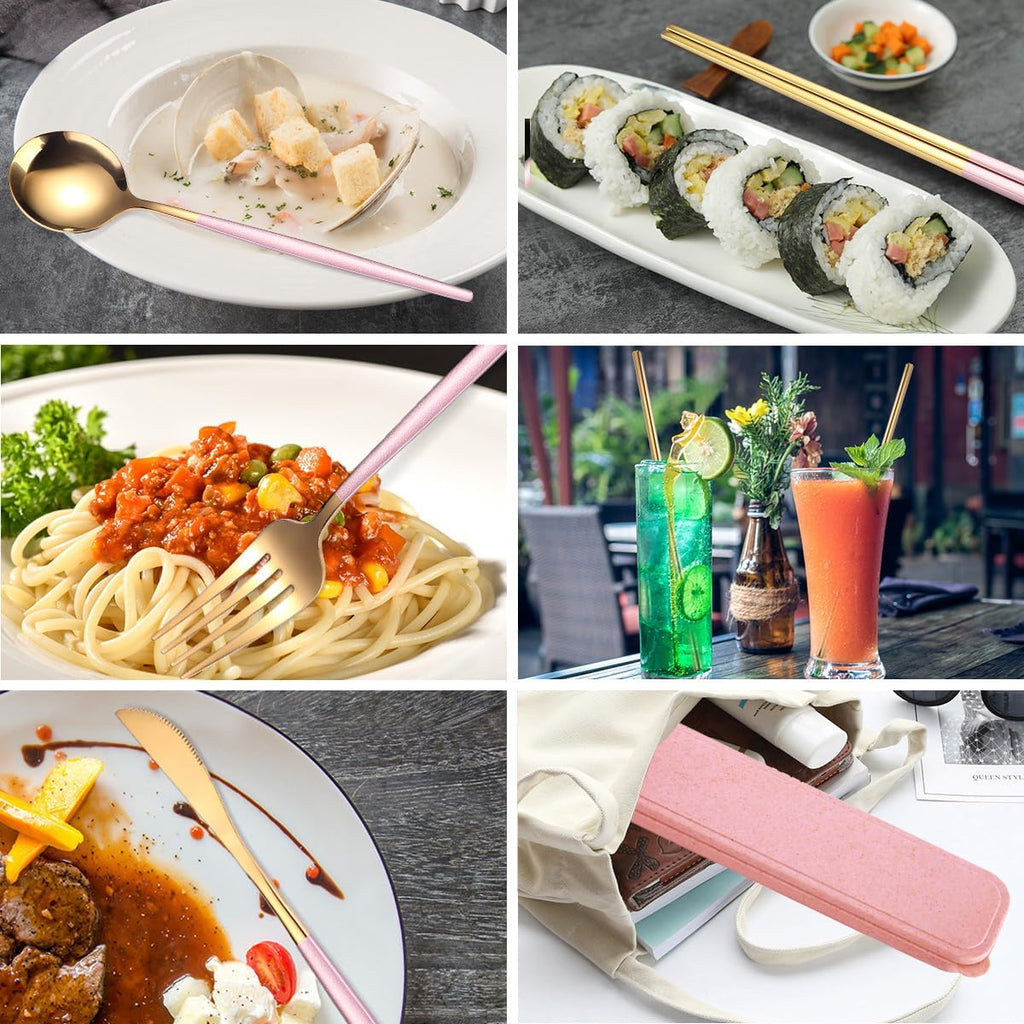 8 Pieces Stainless Steel Flatware Set Portable Reusable Cutlery Set Travel Utensils Set Including Chopsticks Knife Fork Spoon Straws Cleaning Brush Dishwasher Safe (Pink Golden)