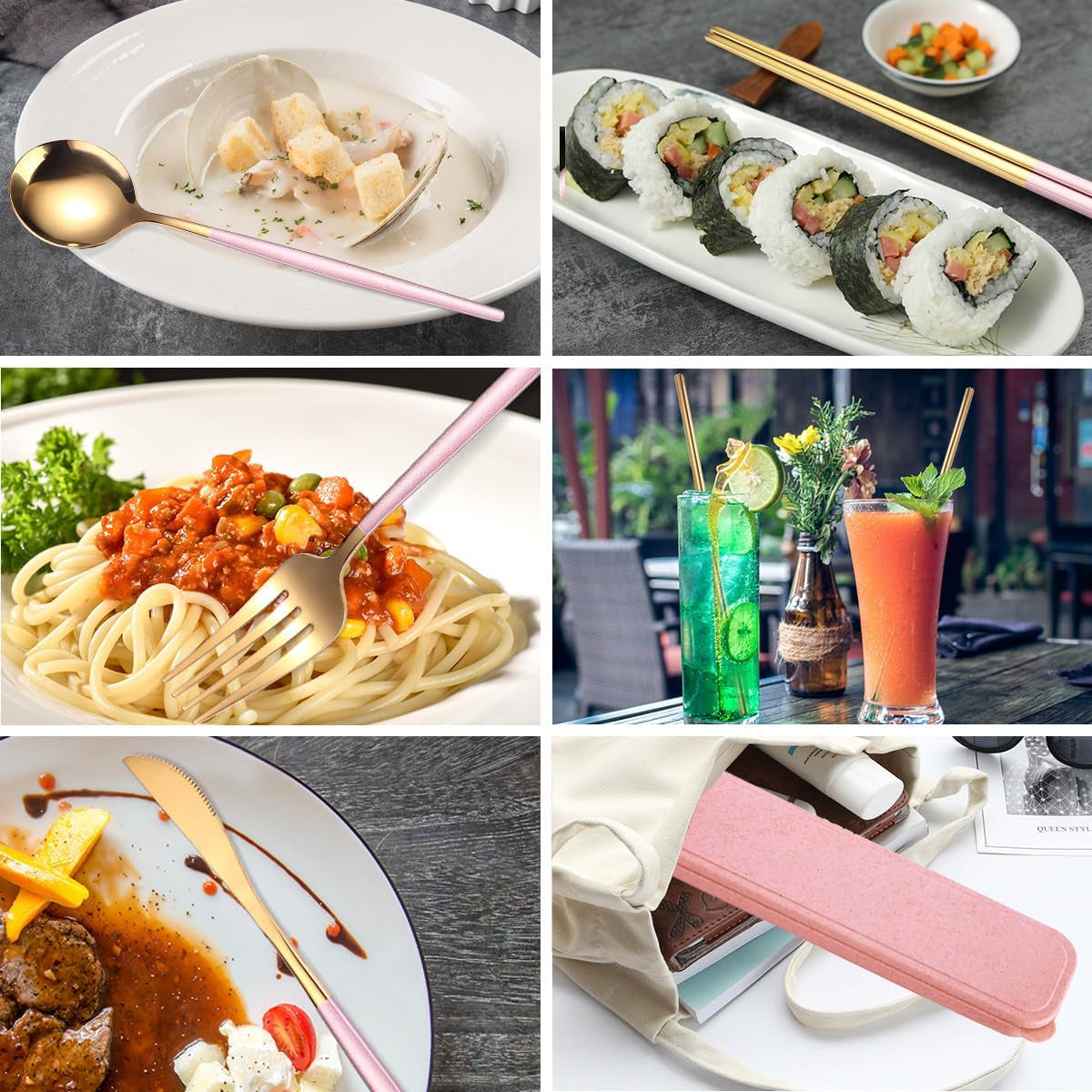 8 Pieces Stainless Steel Flatware Set Portable Reusable Cutlery Set Travel Utensils Set Including Chopsticks Knife Fork Spoon Straws Cleaning Brush Dishwasher Safe (Pink Golden)