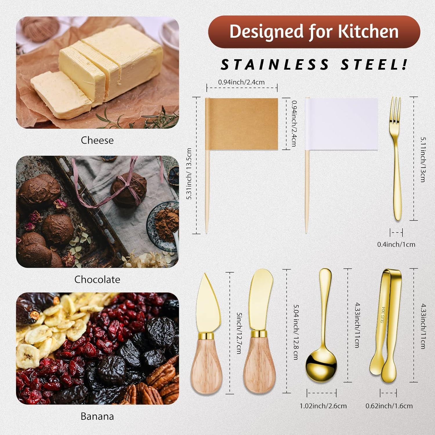 Charcuterie Board Accessories Spreader Knife Set Cheese Butter Spreader Knife Charcuterie Utensils with Wooden Handles Mini Serving Tongs Spoons Forks for Party Wedding Christmas (Gold, 20 Pieces)