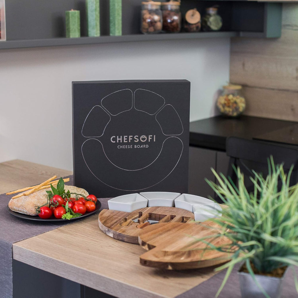 Charcuterie Board Set and Cheese Serving Platter - Made from Acacia Wood - US Patented 13 Inch Cheese Board and Knife Set for Entertaining and Serving - 4 Knives and 4 Bowls