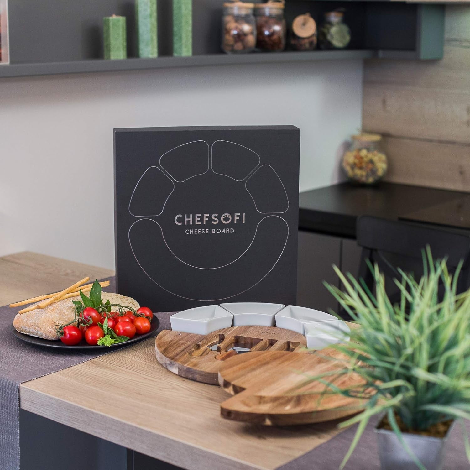 Charcuterie Board Set and Cheese Serving Platter - Made from Acacia Wood - US Patented 13 Inch Cheese Board and Knife Set for Entertaining and Serving - 4 Knives and 4 Bowls