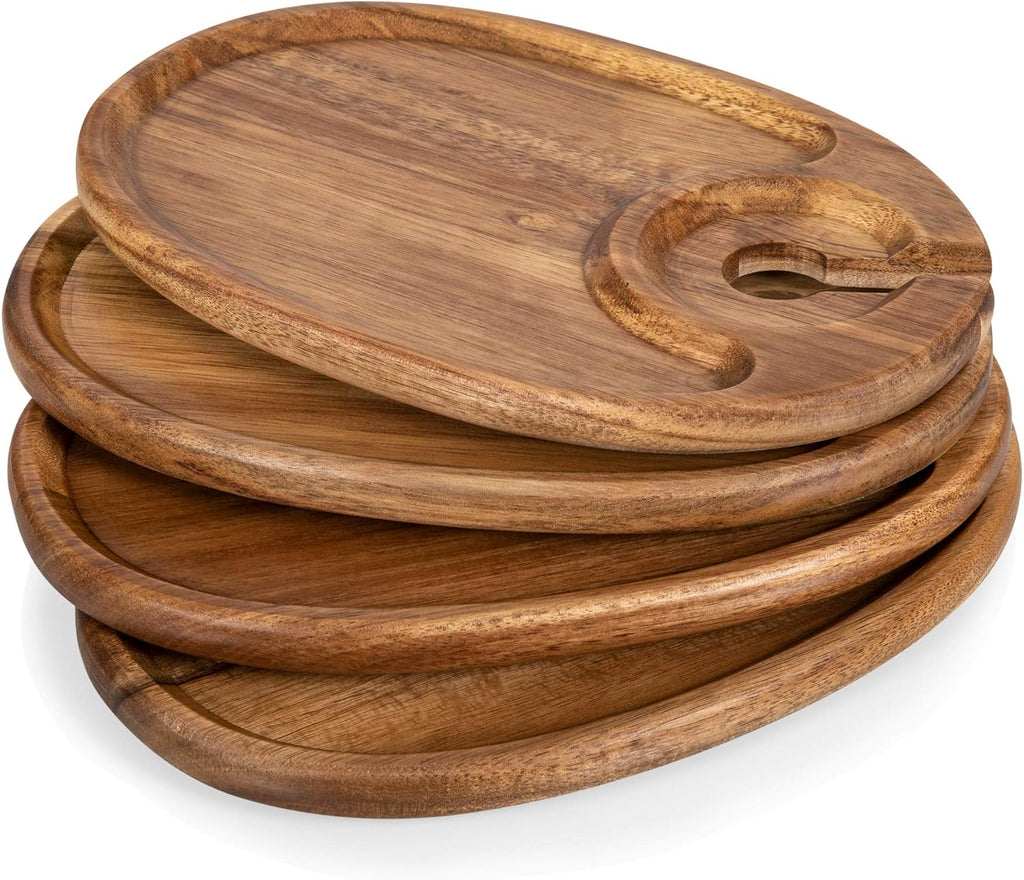 TOSCANA -Wine Appetizer Plates, Cocktail Plate with Glass Holder, Cheese Board with Wine Holder, (Acacia Wood), 9 X 6, Set of 4