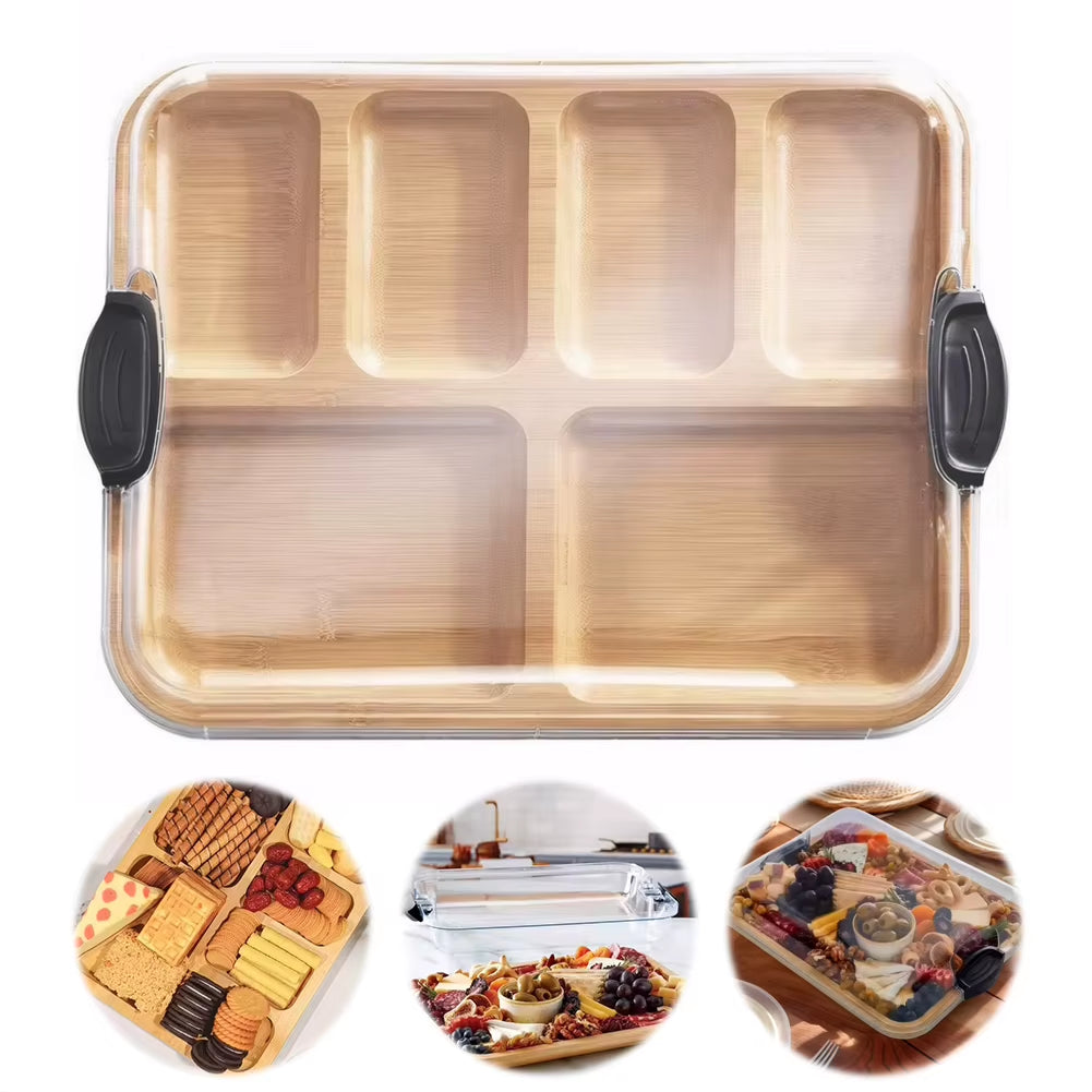 Reusable Bamboo Charcuterie Boards Tray with Lid Biscuit Snacks Platter Tray Serving Board for Kitchen Cooking Family Party Gift