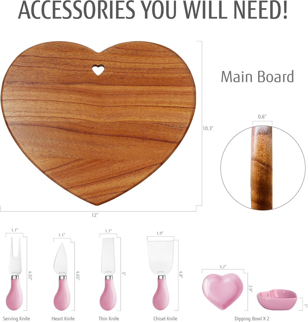 7Pcs Cheese Board Set, Charcuterie Boards Set with Knives & Ceramic Bowls, Heart-Shape Serving Board Set, Chinaberry Wood for Birthdays, Weddings, Housewarming(Pink)