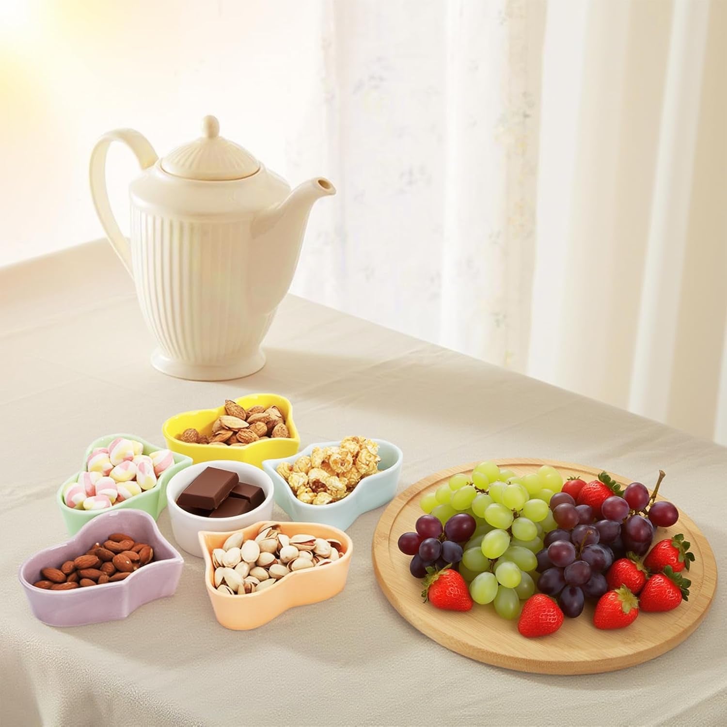 11'' Lazy Susan Serving Tray, Ceramic 360° Rotating Serving Tray Platters, Removable Divided Appetizer Relish Dish, Heart Shape Snack Bowl Set for Party Kitchen Fruit Veggies Cheese, 7 Pieces