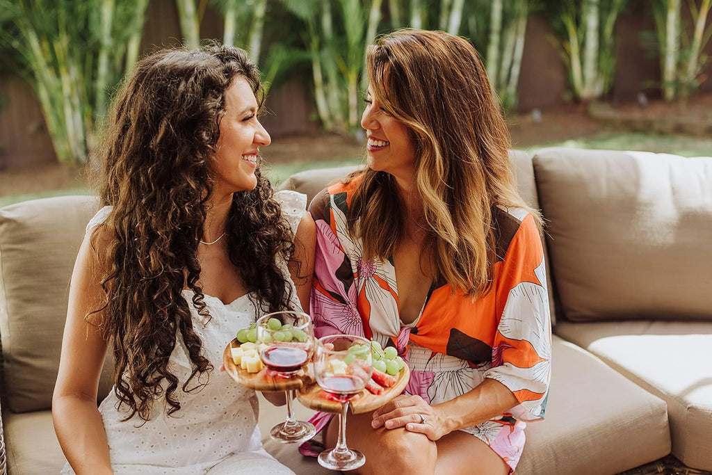 TOSCANA -Wine Appetizer Plates, Cocktail Plate with Glass Holder, Cheese Board with Wine Holder, (Acacia Wood), 9 X 6, Set of 4