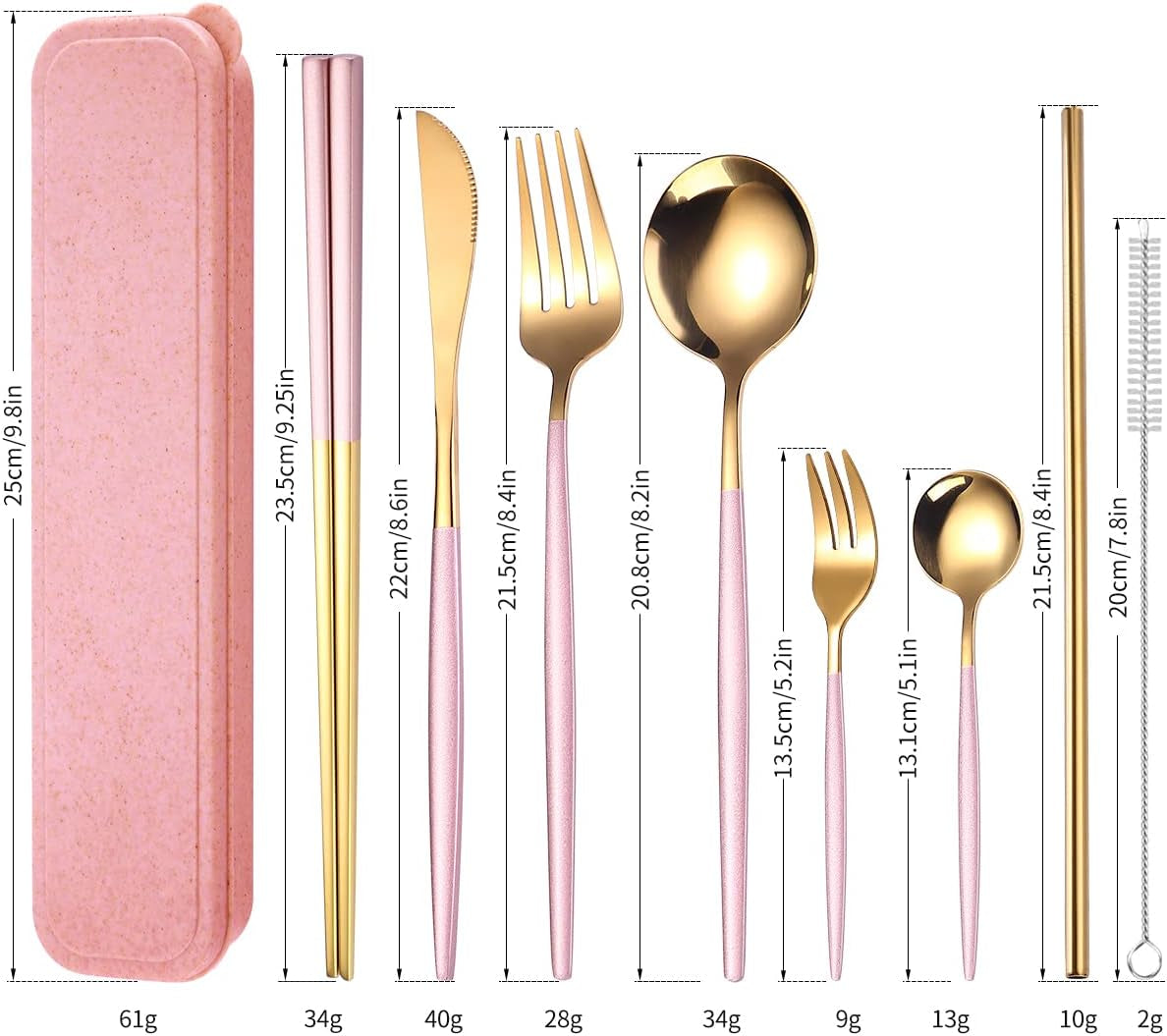 8 Pieces Stainless Steel Flatware Set Portable Reusable Cutlery Set Travel Utensils Set Including Chopsticks Knife Fork Spoon Straws Cleaning Brush Dishwasher Safe (Pink Golden)
