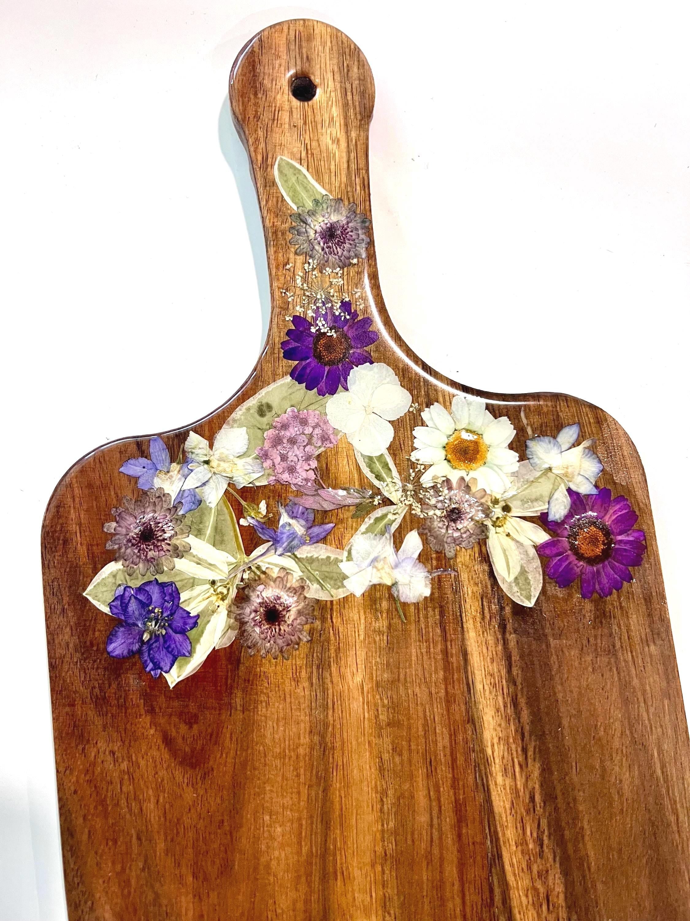 Pressed Flowers Charcuterie Cutting Board with Free Board Butter | Party Cheeseboard with Dried Flowers, Botanical Floral Kitchen Decor Gift