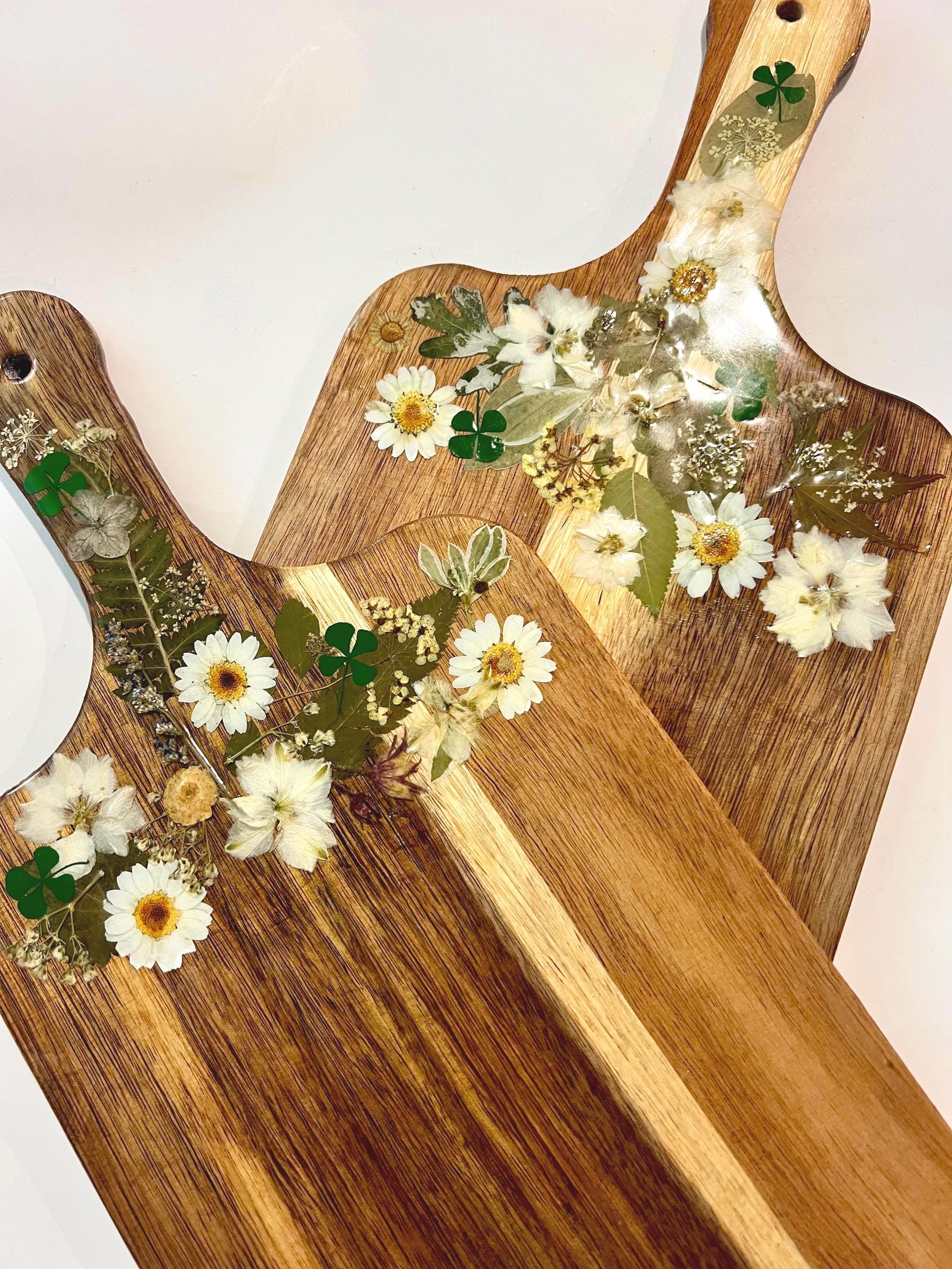 Pressed Flowers Charcuterie Cutting Board with Free Board Butter | Party Cheeseboard with Dried Flowers, Botanical Floral Kitchen Decor Gift